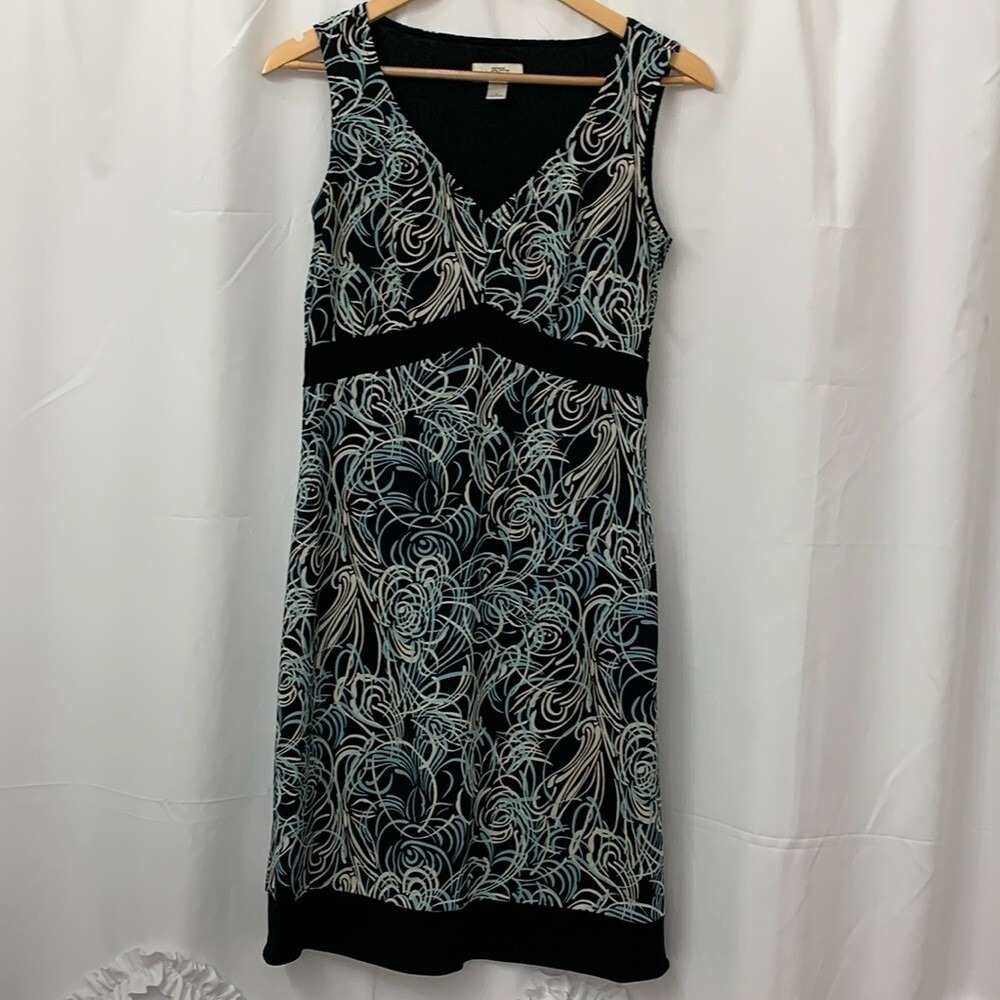 Ann Taylor Loft Womens V Neck Sleeveless Swirl Print Sheath Dress Black Blue 6